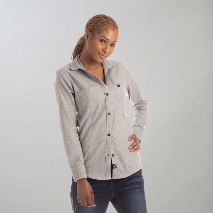 Women's Cascade Flannel Shirt in Stratus Grey, worn with dark jeans.