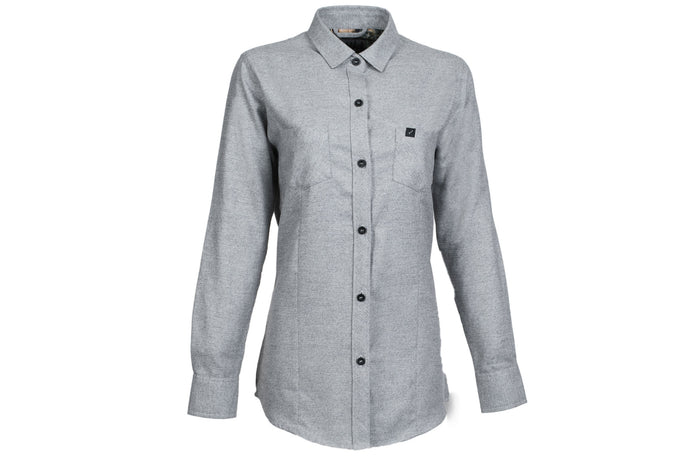 Pladra Women's Cascade Flannel Shirt in Stratus Grey with long sleeves and chest pocket, shown on white.