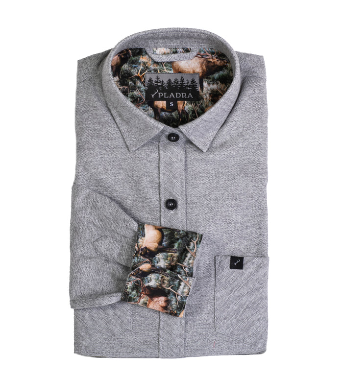 Pladra Women's Cascade Flannel Shirt in Stratus Grey with forest animal print on inner collar and cuffs.