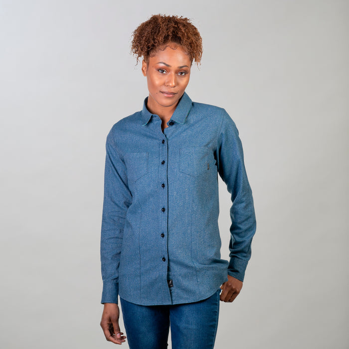 Women's Cascade Shirt in Biscayne Blue Twill, worn with blue jeans.