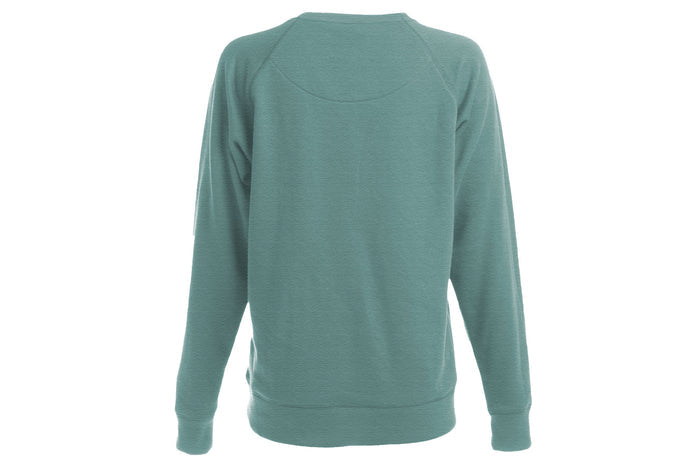 A slim-fit Women's Crew Neck Sweatshirt in Bermuda Green Heather, shown from the back, made from ultra soft fleece. The simple design features no visible logos or patterns.