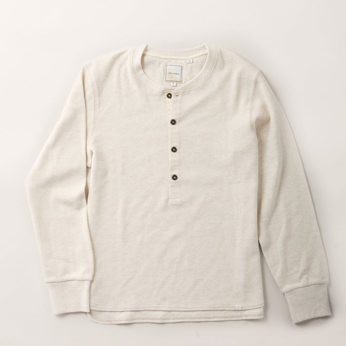 Pladra Women's Elko Henley in Oatmeal White, classic fit with long sleeves and four buttons, shown on neutral background.