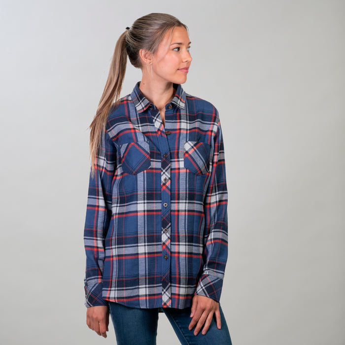 Women's Every Day Double Weave Shirt in Sunset Blue, a blue, red, and white plaid, worn with blue jeans.