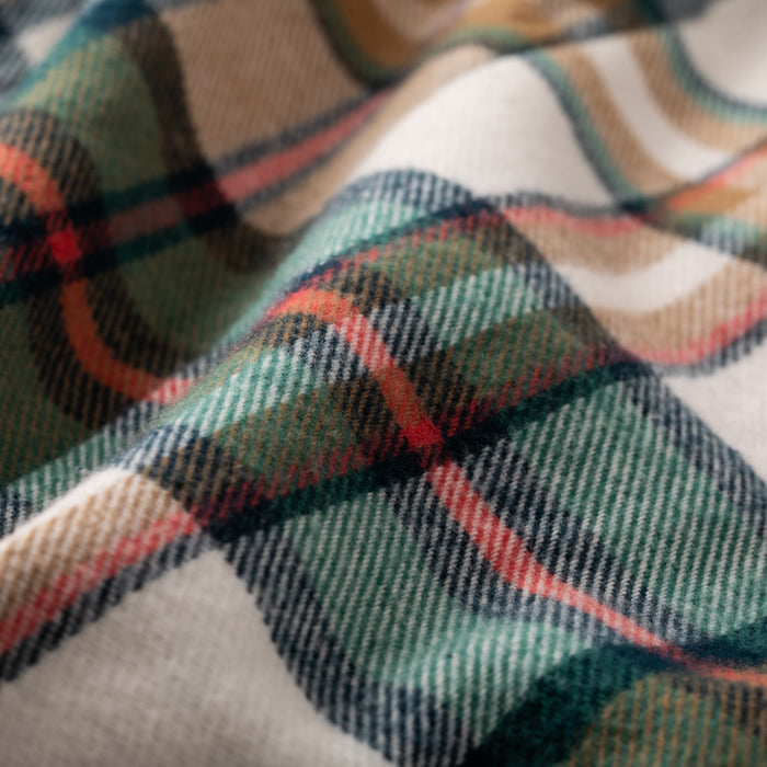 Close-up of Pladra Women's Every Day Elite Flannel Shirt in Coyote Tan with green, red, and white plaid texture.