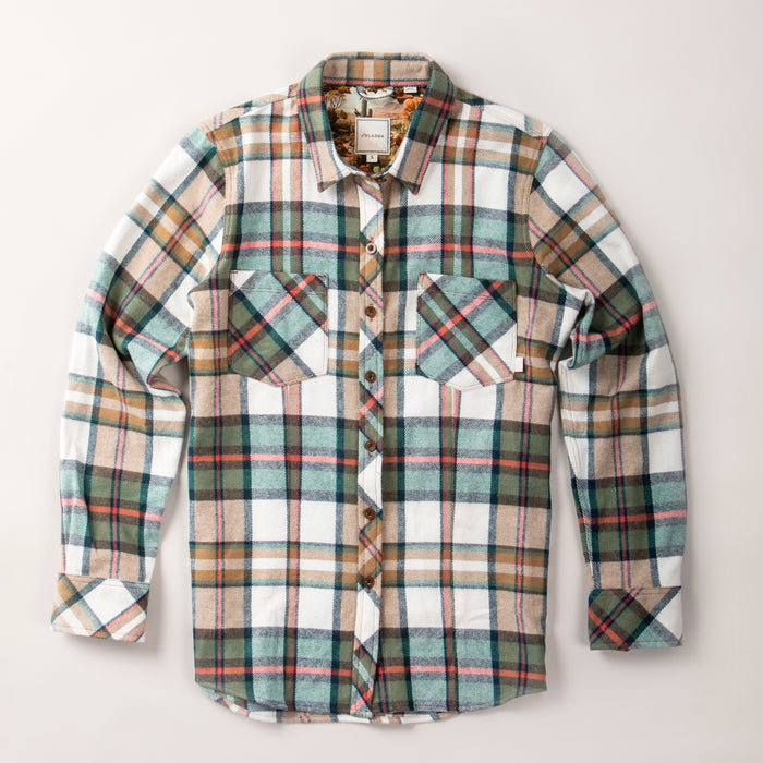 Pladra Women's Every Day Elite Flannel Shirt in Coyote Tan with two chest pockets and long sleeves.