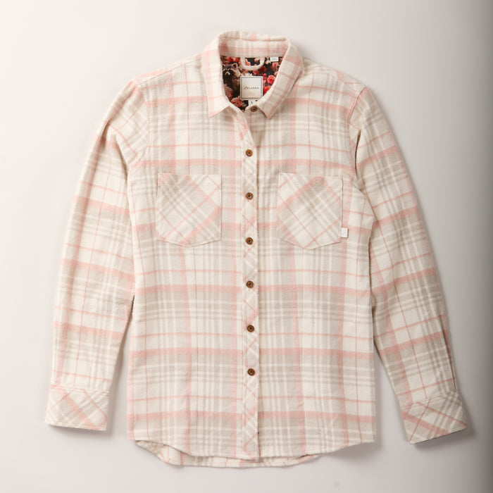 The Women's Every Day Elite Flannel Shirt in Lighthouse White is a long-sleeve, button-up made from heavyweight Portuguese flannel with pink and gray plaid, two chest pockets, and brown buttons, displayed flat on a white background.