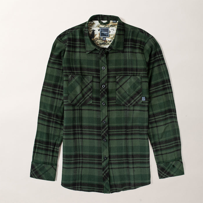 Pladra Women’s Every Day Elite Flannel Shirt in True Green, with two chest pockets, laid flat on a light background.