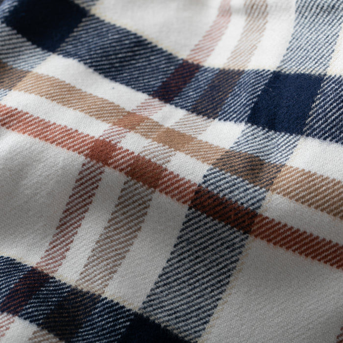 Close-up of the Women's Every Day Elite Flannel Shirt in Whitefish Tan, featuring soft premium cotton with a navy, brown, beige, and white plaid pattern—ideal for comfort and style.
