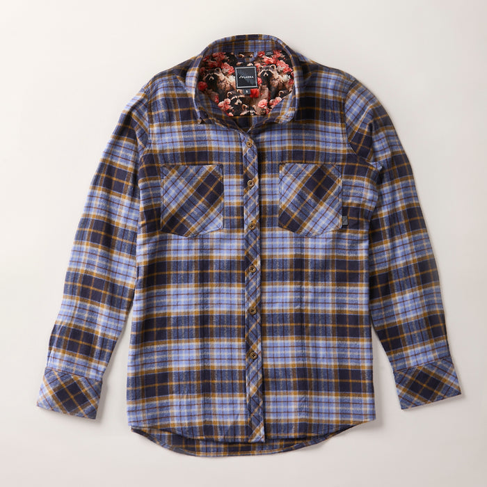 Plaid shirt with floral lining on a light gray background