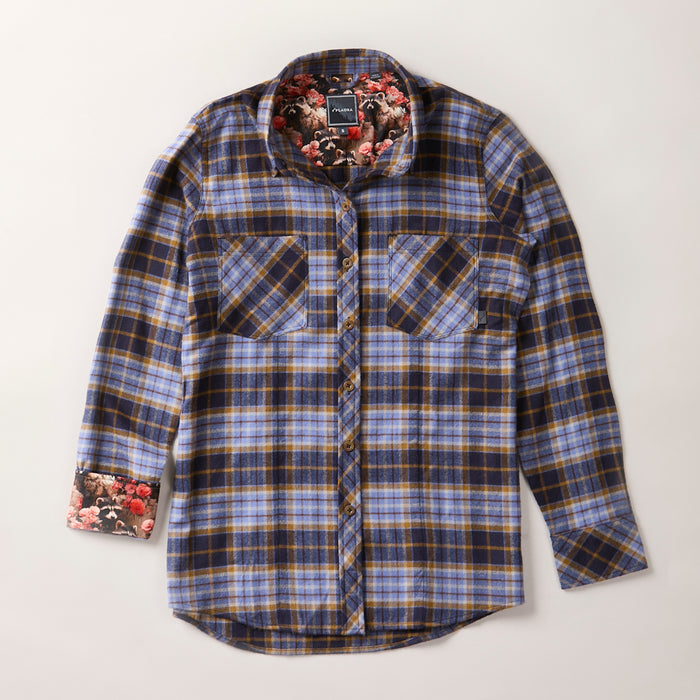 Plaid shirt with floral patterns on collar and cuffs against a white background