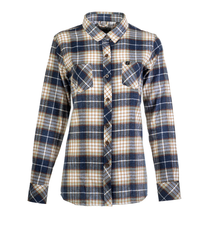 The Women's Every Day Flannel Shirt - Banff Blue is a premium cotton, long-sleeve button-up with a blue, beige, and white plaid pattern, two chest pockets, and a classic collar inspired by Portuguese flannel craftsmanship.
