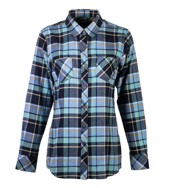 The Women's Every Day Flannel Shirt in Bay Blue features a blue, black, and light green plaid pattern, long sleeves, button-up front, chest pockets, pointed collar, and is made from soft Portuguese flannel for all-day comfort.