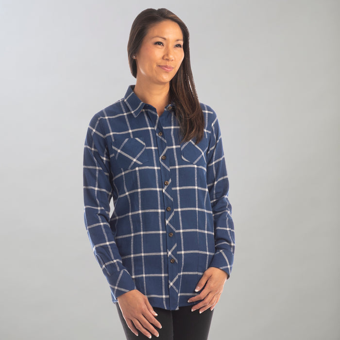 Women's Every Day Flannel Shirt in Billings Blue, worn with black pants.