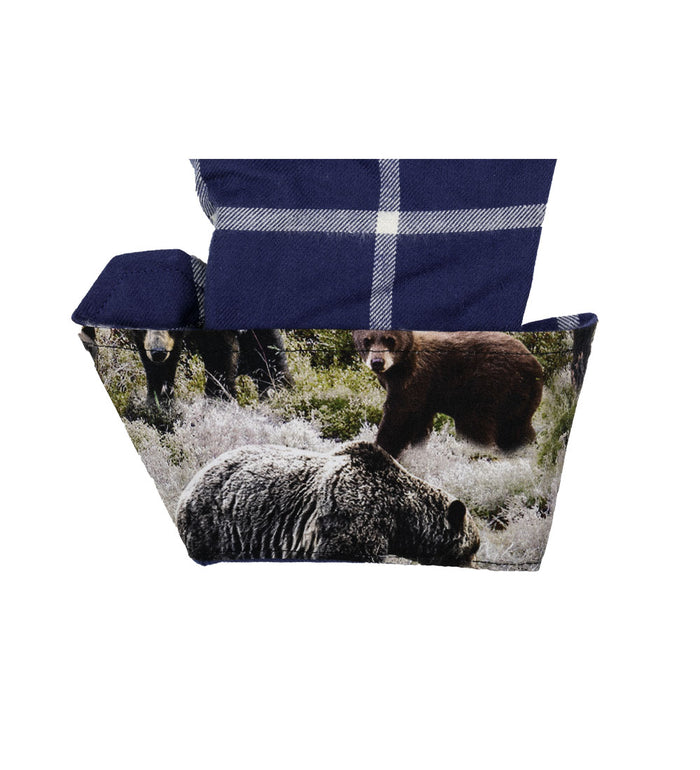 Pladra Women's Every Day Flannel Shirt in Billings Blue features a navy plaid with two brown bears and one gray bear print.