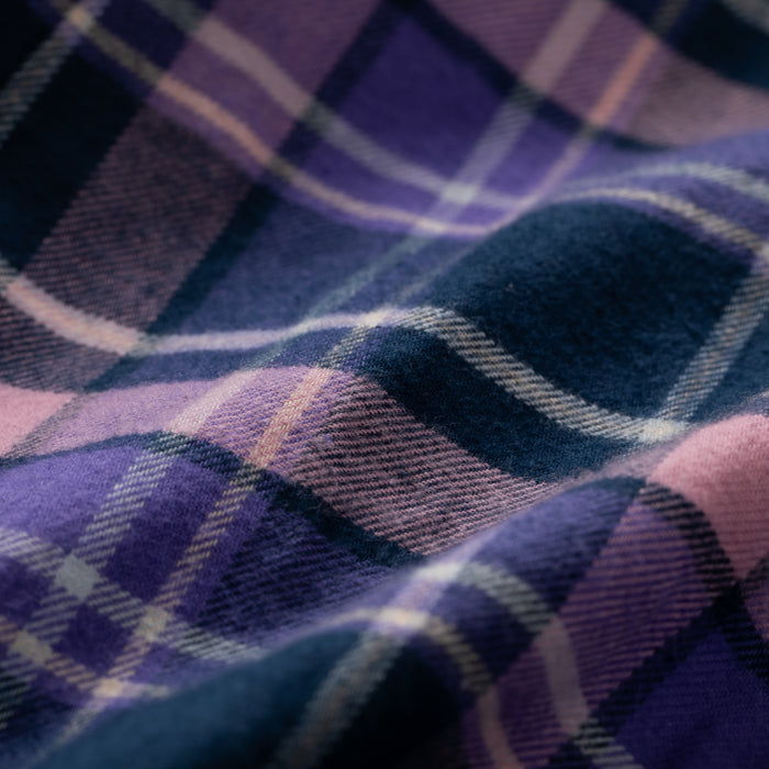 Close-up of Pladra Women's Every Day Flannel Shirt in Blackberry Purple plaid.