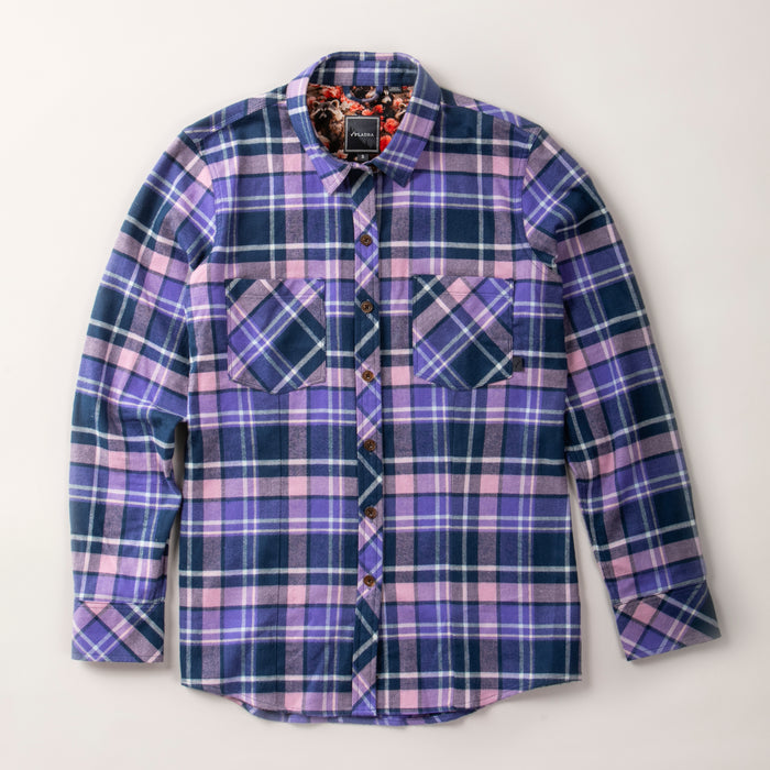 Pladra Women's Every Day Flannel Shirt in Blackberry Purple with long sleeves, button-up front, and two chest pockets.