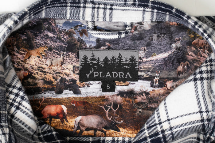 Pladra Women's Every Day Flannel Shirt in Butte Blue features a collar label and nature-inspired cotton flannel lining.