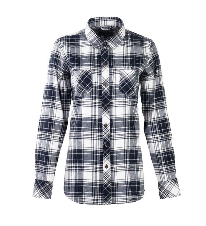 Pladra Women's Every Day Flannel Shirt-Butte Blue, long-sleeve, navy/white plaid with buttons, collar & chest pockets.
