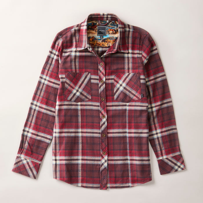 Pladra Women's Every Day Flannel Shirt in Harvest Red, featuring two chest pockets, laid flat on a light background.