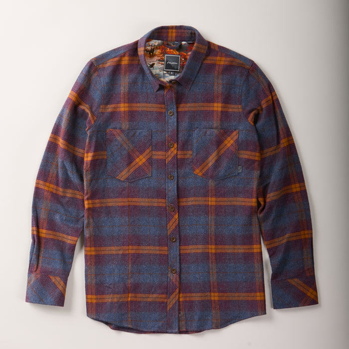 Pladra Women's Every Day Flannel Shirt in Portsmouth Blue Heather, plaid with two chest pockets, laid flat.