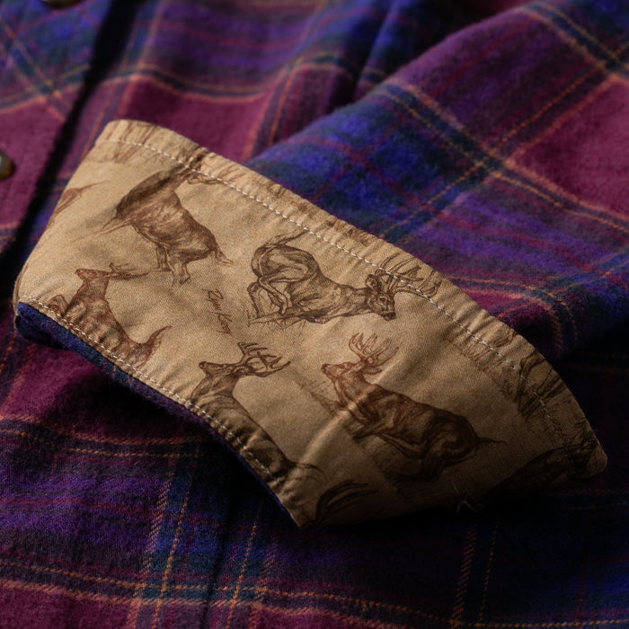 Pladra Women's Every Day Flannel Shirt- RK Plum Red features a plaid design and Ryan Kirby deer sketches.