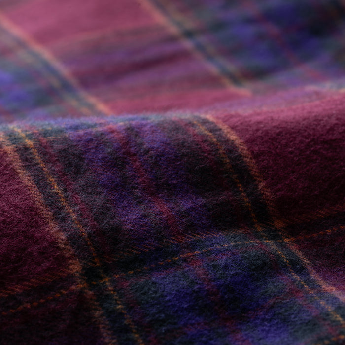 Close-up of Pladra Women's Every Day Flannel Shirt- RK Plum Red with soft, fuzzy plaid in purple, blue, and burgundy.
