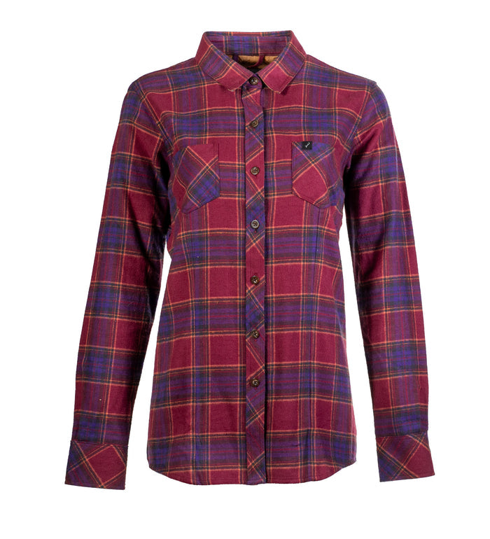 Pladra Women's Every Day Flannel Shirt in RK Plum Red: long-sleeve, button-up, plaid with two chest pockets.
