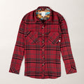 Pladra Women’s Every Day Flannel Shirt–Rogue Red, red plaid, two pockets, laid flat on a white background.