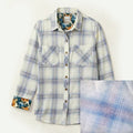 Women's Every Day Flannel Shirt in Snow White Heather, a light blue and white Portuguese cotton plaid with floral cuff and collar lining.