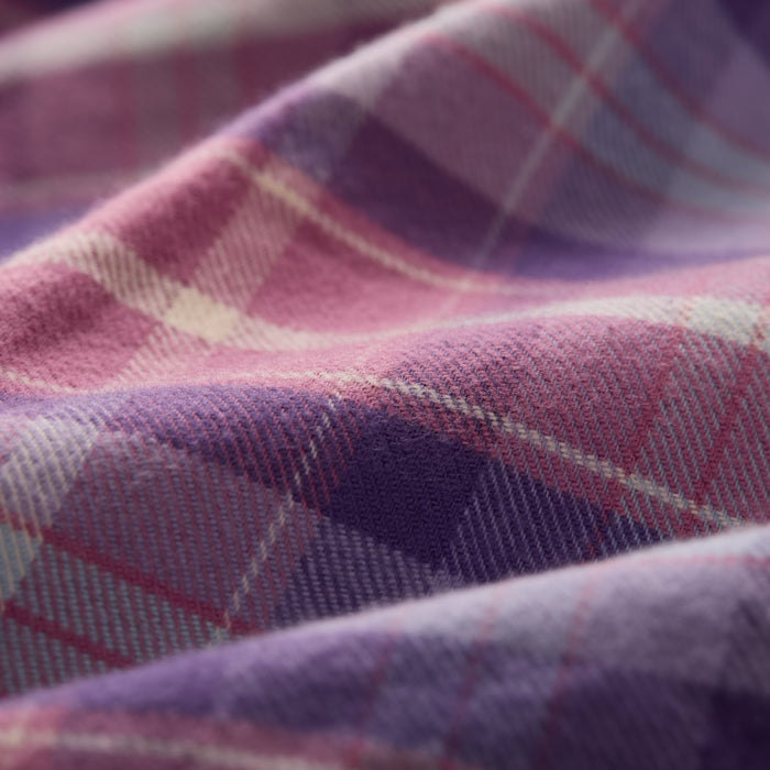 Close-up of Pladra Women's Every Day Flannel Shirt in Wildflower Pink with soft, textured plaid folds.
