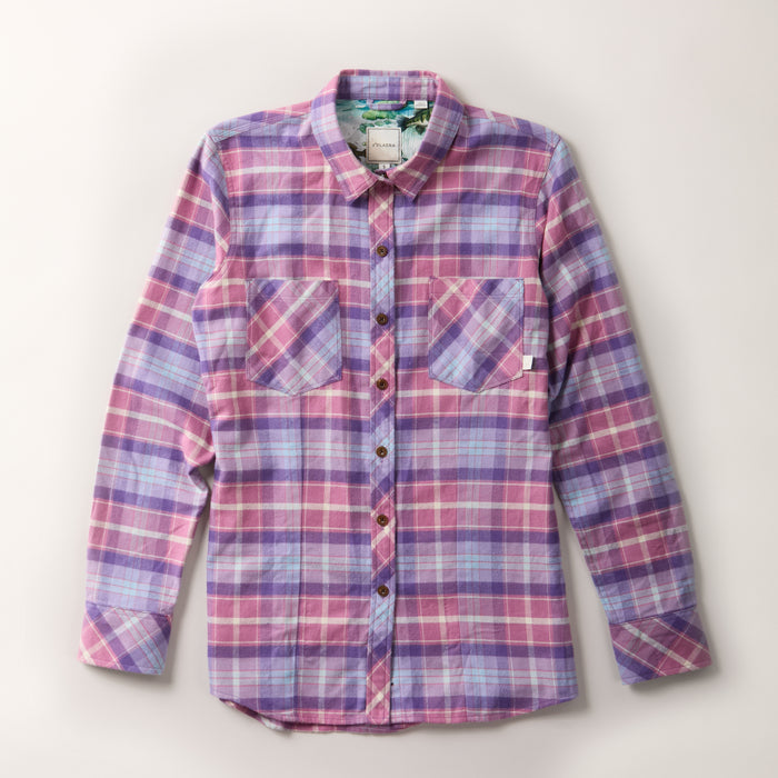 The Pladra Women's Every Day Flannel Shirt in Wildflower Pink plaid is shown laid flat on a white background.