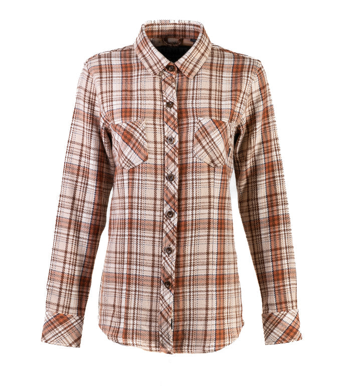The Women's Fireside Flannel - Cattail Tan is a long-sleeved, heavyweight Portuguese flannel shirt with a brown and white check pattern, button-up front, and two chest pockets, shown on a white background.