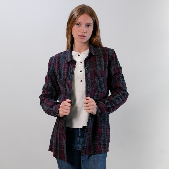 Woman in Pladra Women's Fireside Flannel—Hickory Red stands against a plain background, looking at the camera.