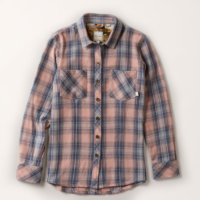 Pladra Women's Fireside Flannel in Lily Pink plaid, crafted from soft Portuguese cotton, laid flat on white background.