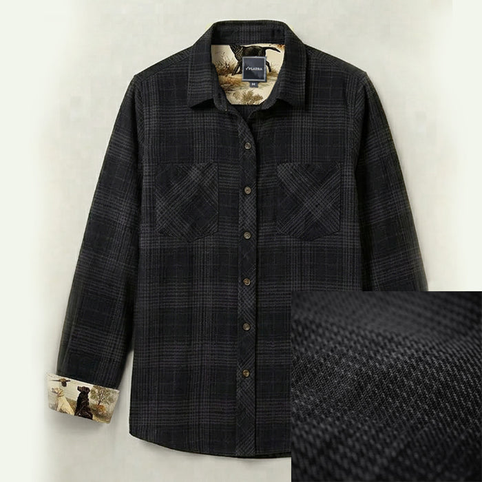 Pladra Women's Fireside Flannel in Night Black: heavyweight plaid shirt with printed cuffs and textured fabric weave.