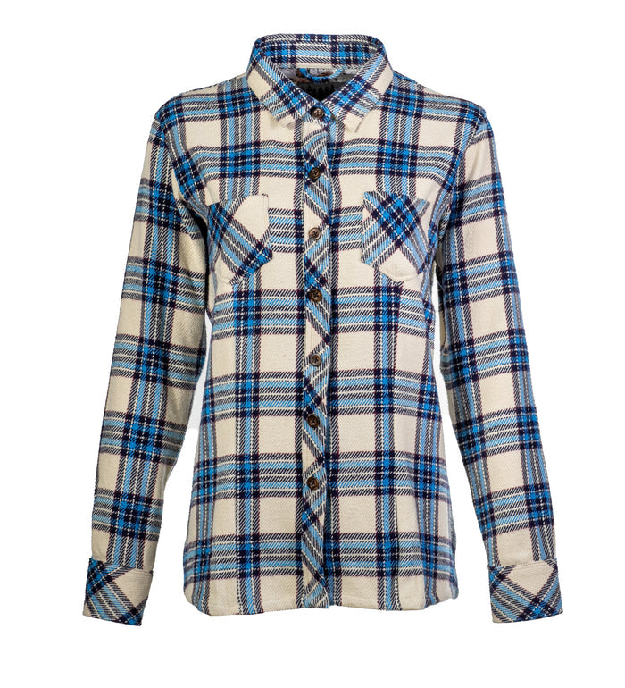 Pladra Women's Fireside Flannel- Tahoe Tan: beige long-sleeve shirt with blue/black plaid and two chest pockets.