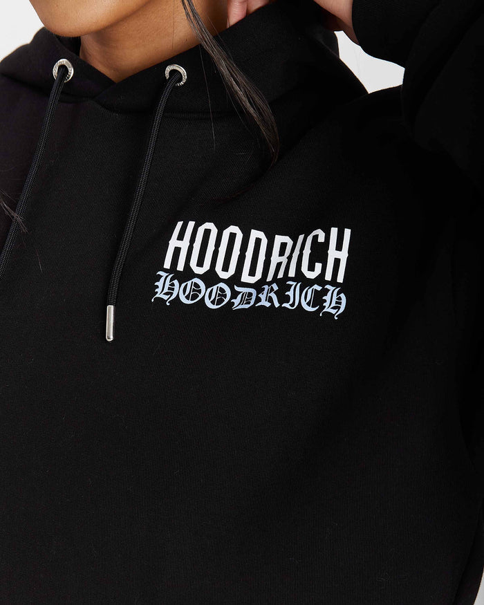 Black hoodie with 'HOODRICH' text on a plain background