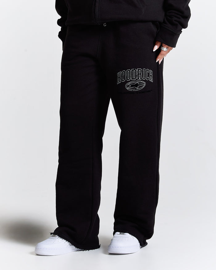 Person wearing black sweatpants with 'Hoodrich' logo on a white background