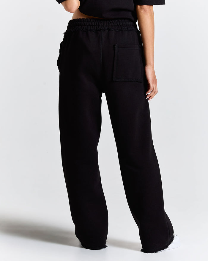 Black wide-leg pants worn by a person on a white background