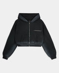 Black cropped zip-up hoodie featuring a Hoodrich logo on the chest and a front kangaroo pocket.