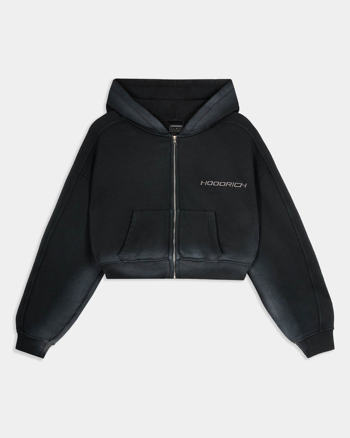 Black cropped zip-up hoodie featuring a Hoodrich logo on the chest and a front kangaroo pocket.