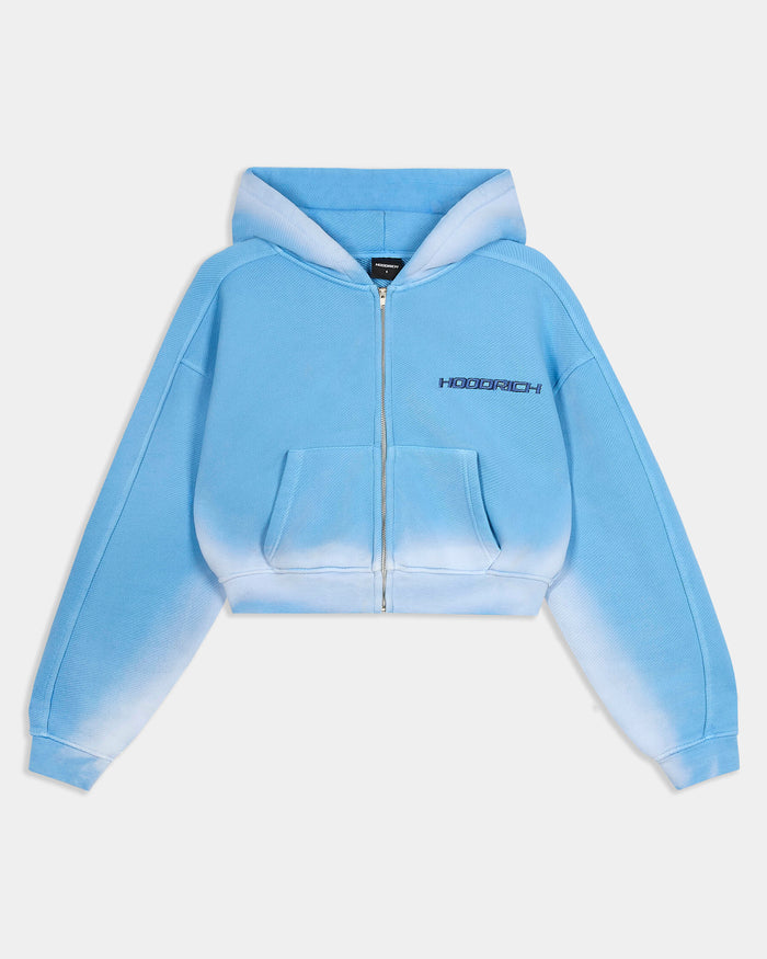 Blue ombre zip-up cropped hoodie with Hoodrich logo embroidery.