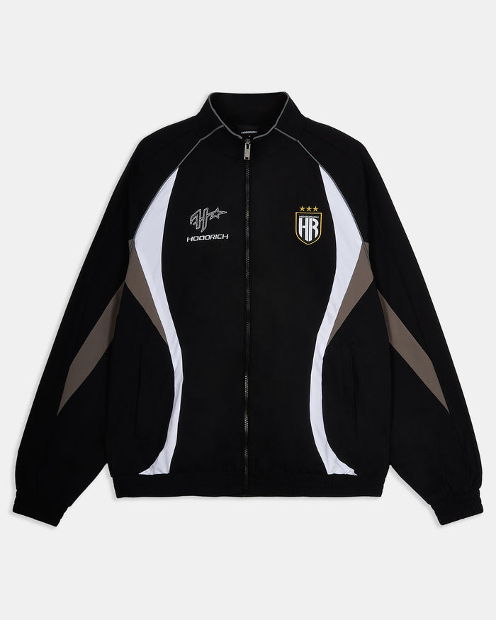 Black jacket with white and gray accents featuring logos on a light gray background