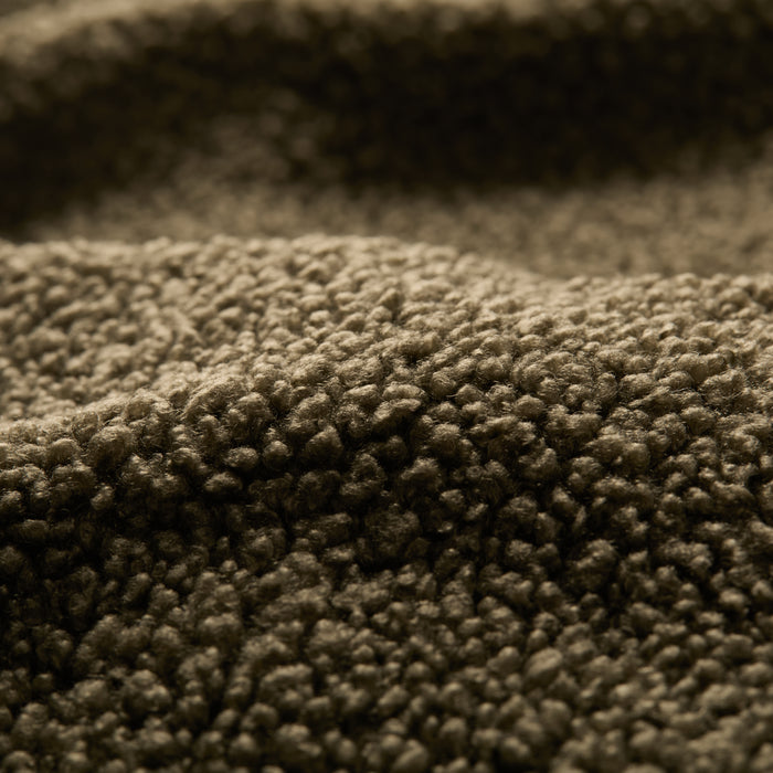 Close-up of Pladra Women's Headlands Sherpa Shacket in Forest Green, featuring soft, textured, fluffy fleece fabric.