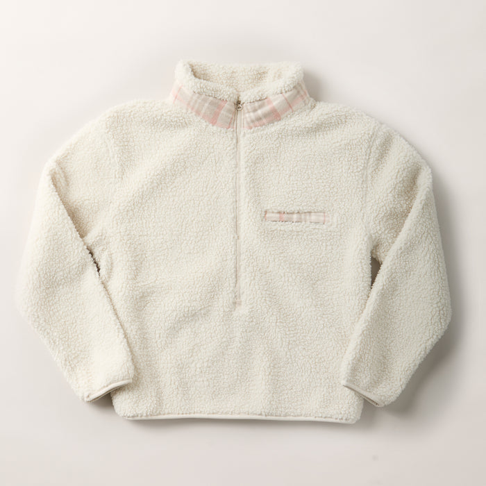 Pladra Women's Jenner Sherpa Fleece in Oatmeal White with plaid flannel-lined collar and chest pocket.