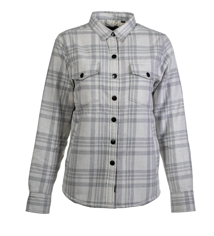 Pladra Women's Northwood Sherpa Insulated Flannel Jacket in Cloud Grey shown on a white background.