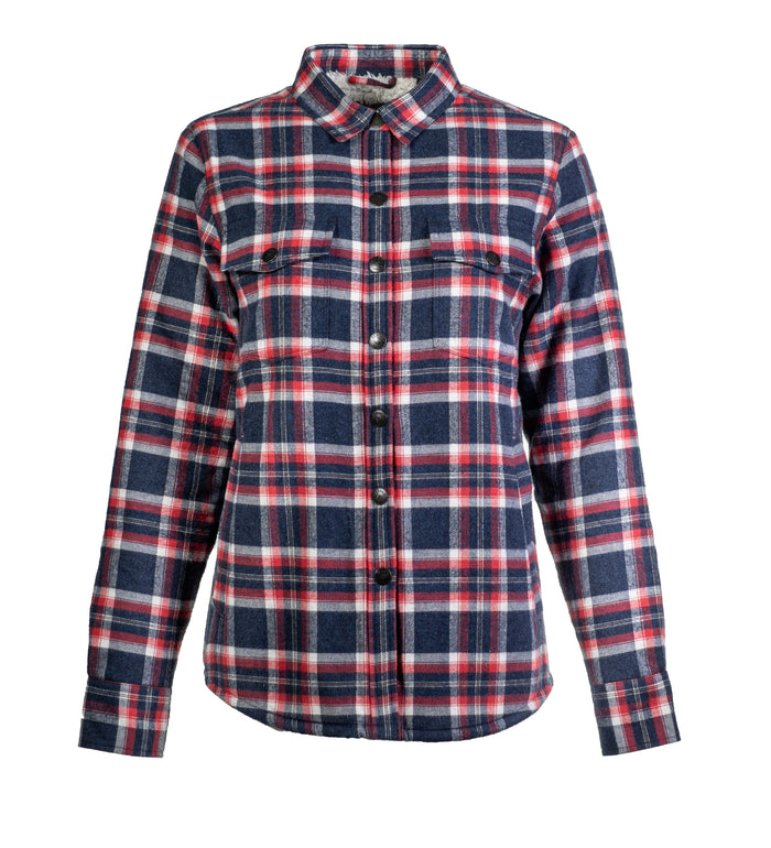 Women's Northwood Sherpa Insulated Flannel Jacket in Eagle Blue, shown on a white background, features a soft long-sleeve button-up design with two chest pockets and a red, white, and blue plaid pattern.