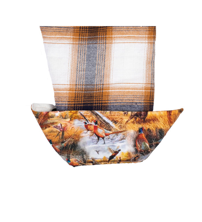 Pladra Women's Northwood Sherpa Flannel Jacket in Peak White, features plaid and pheasant print details.
