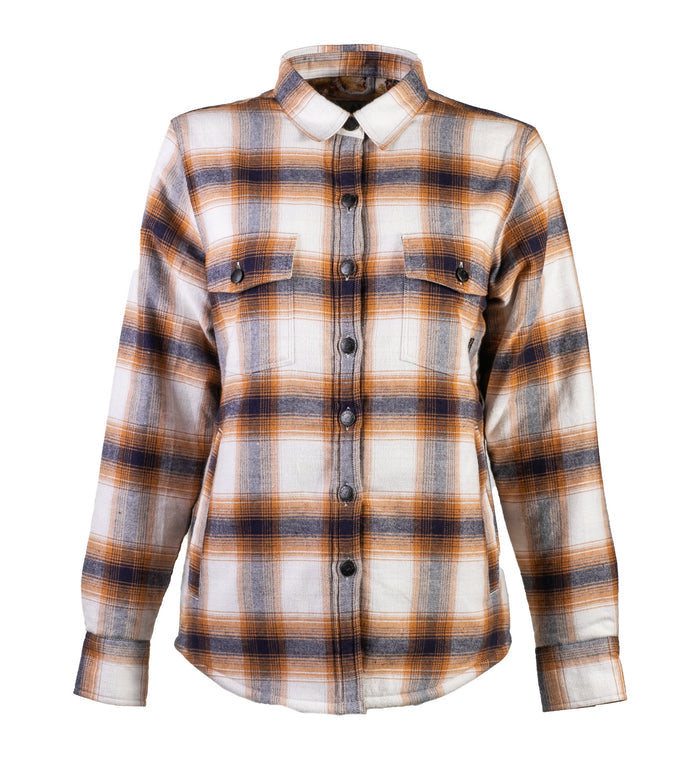 Women's Northwood Sherpa Flannel Jacket by Pladra, Peak White plaid, button front, two chest pockets.