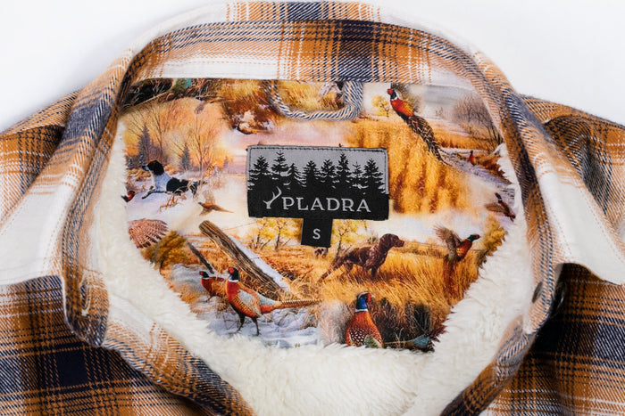 Women's Northwood Sherpa Insulated Flannel Jacket by Pladra; nature scene lining, signature collar label.